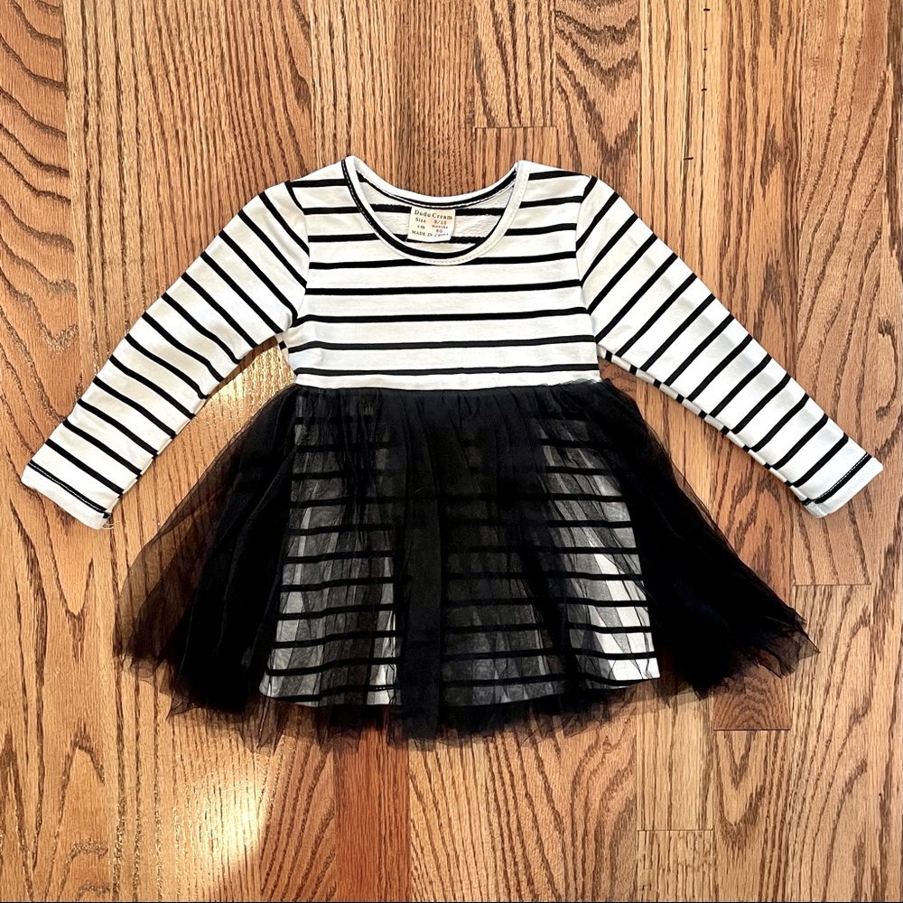 White & Black Stripe Dress w/ Tulle Overlay